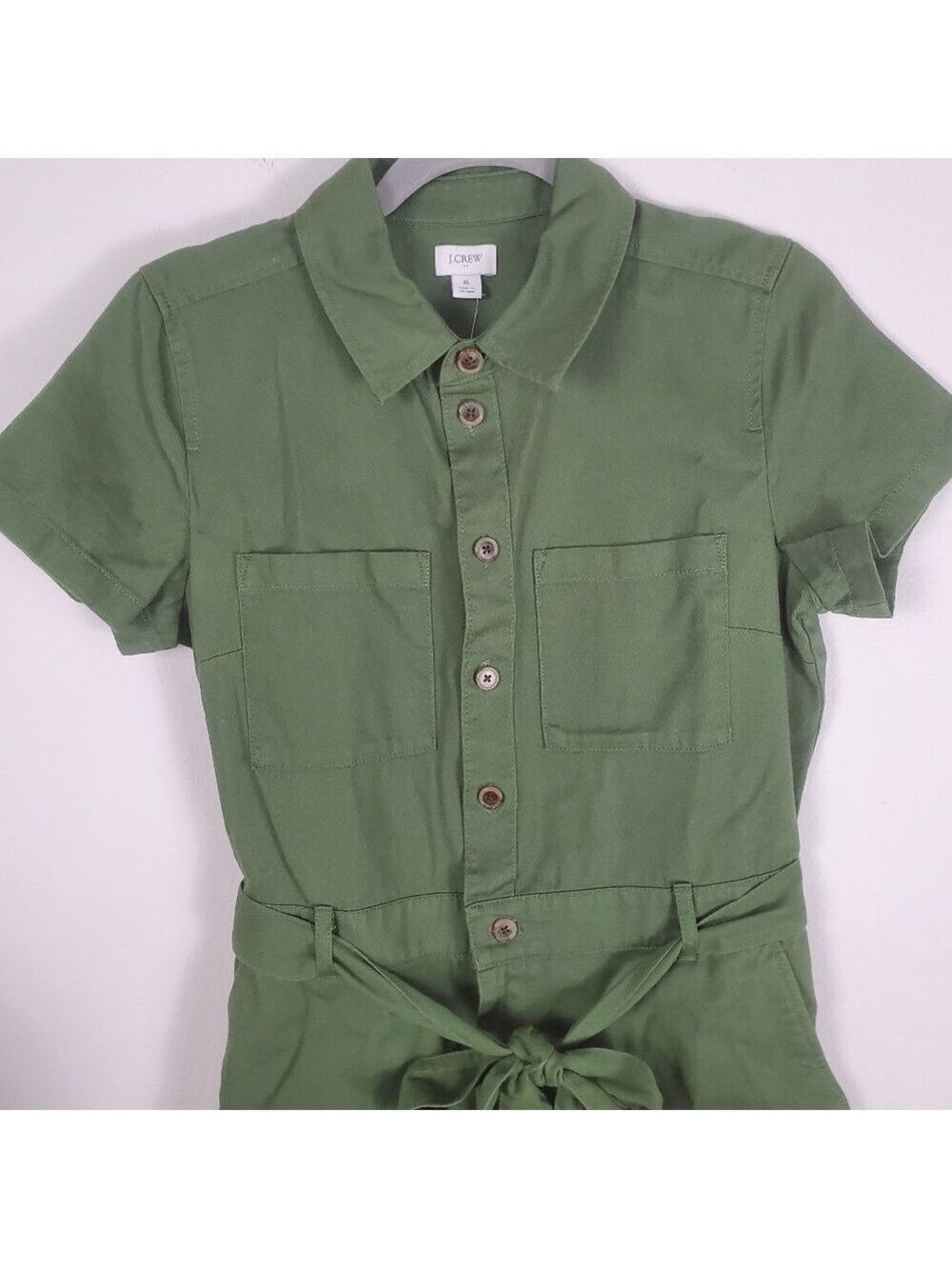 J Crew Full Button Dress Olive Green Tie Waist Cotton Size 6 - Picture 3 of 10
